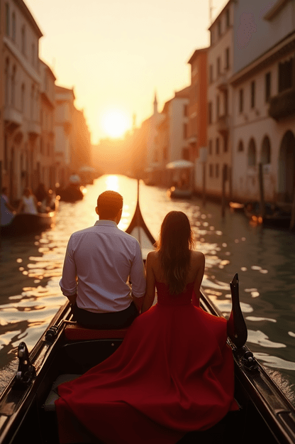 Pareja en góndola al atardecer